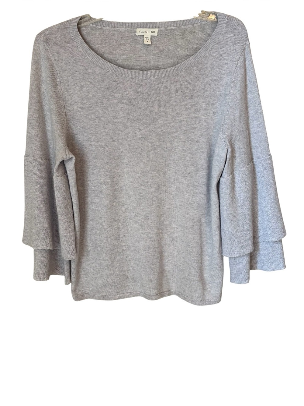 Garnet Hill Merino Wool Sweater Size Small Bell Sleeves Boho Gray Quiet Luxury